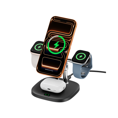 SwanScout 709M 4-in-1 magnetic wireless charger for Apple devices, showing the charger with Apple Watch and iPhone charging ports.