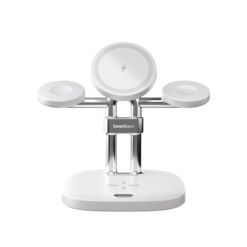 Front view of the white SwanScout 709M quad wireless charging station, highlighting the dedicated docks for two watches and earbuds