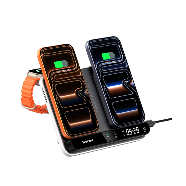 SwanScout 710A dual phone and single watch wireless charging station with Apple iPhone 17 on the charger.