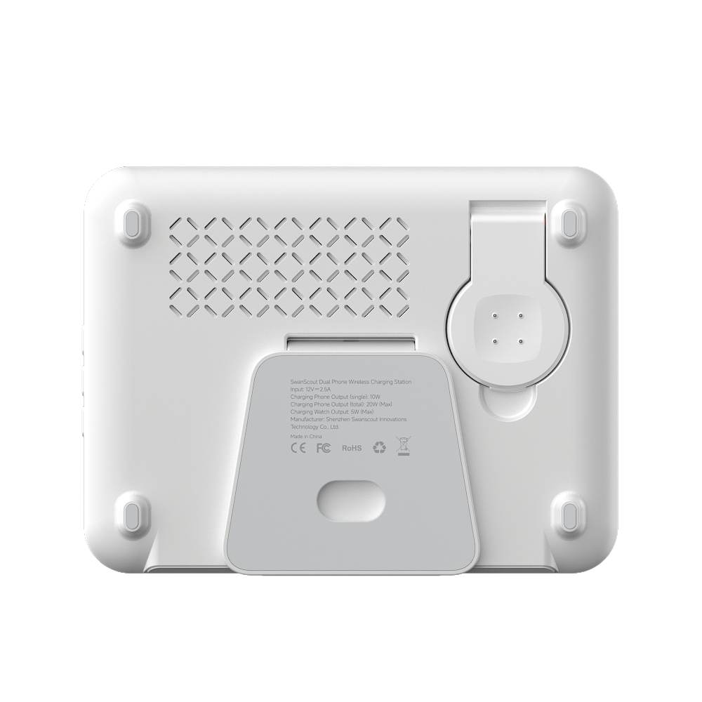 Front view of SwanScout 710FG2 unfolded, showcasing the dual wireless pads capable of charging Pixel Buds Pro 2 when laid flat