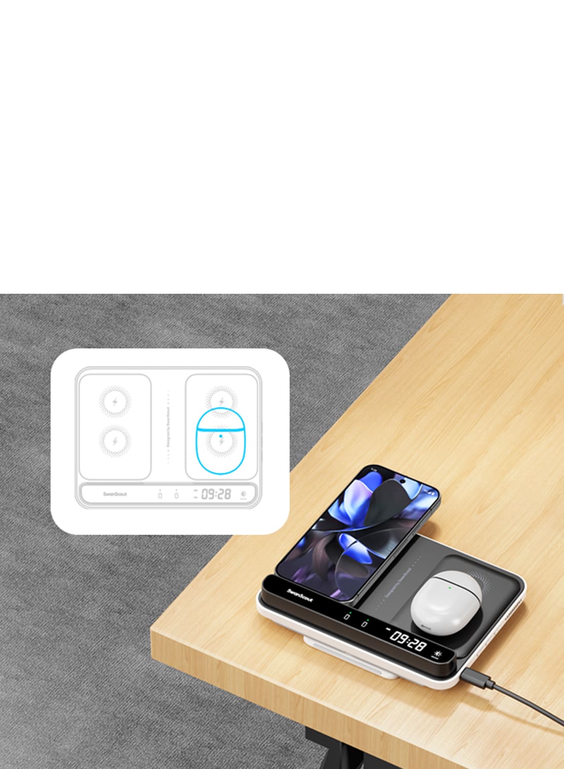 Flat charging panel for horizontal phone charging and wireless earbud charging on the SwanScout 710G2