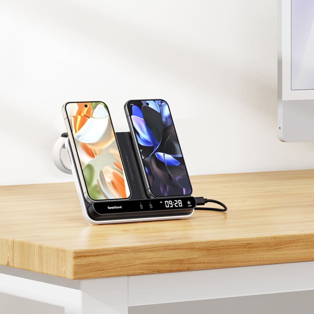 Wireless charging station for Google Pixel phones and Pixel Watch on an office desk SwanScout 710G2