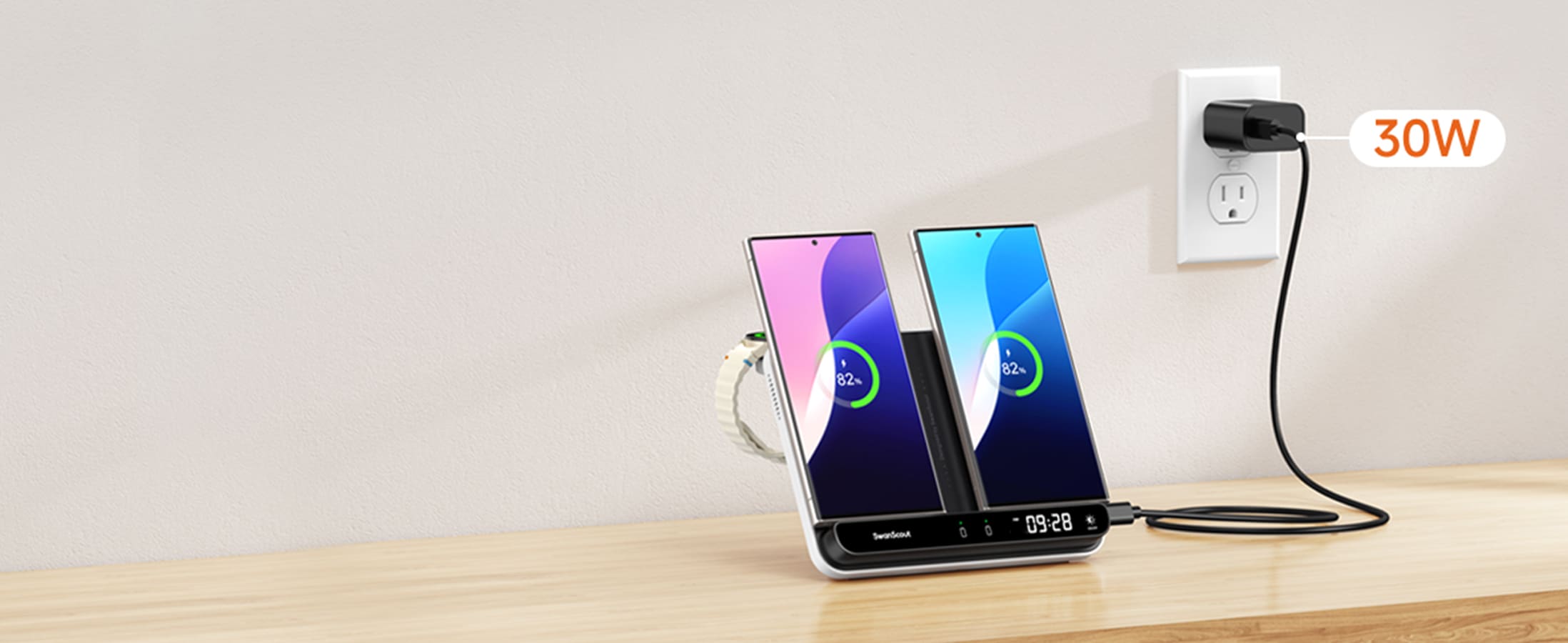 Dual phone charging station with 30W total output and 3W Galaxy Watch charging SwanScout 710S