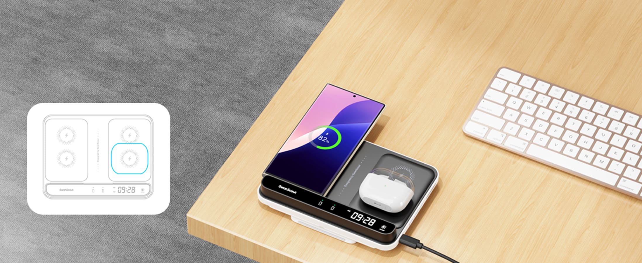 Flat charging design for horizontal phone charging and wireless earbud charging on the SwanScout 710S