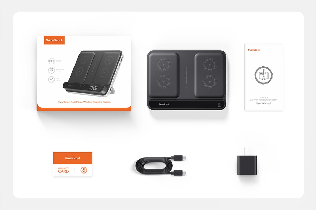 What’s included with the SwanScout 710S wireless charging station including cable power adapter user manual and warranty card