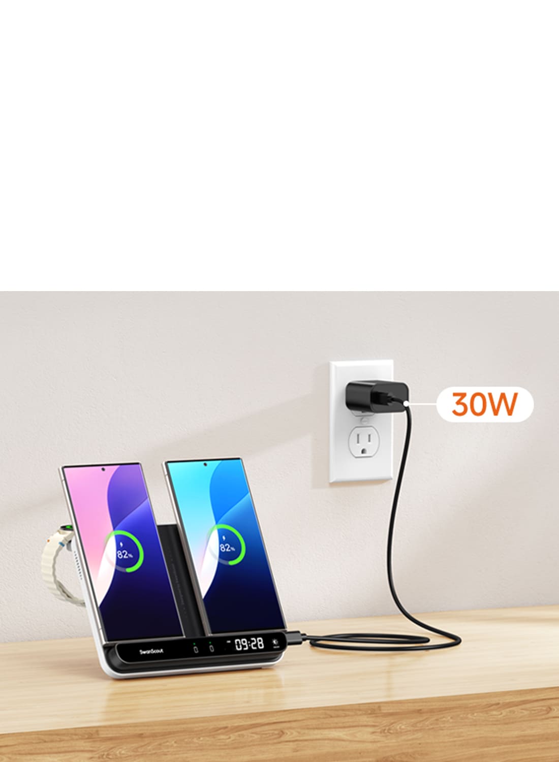 Dual phone charging station with 30W total output and 3W Galaxy Watch charging SwanScout 710S