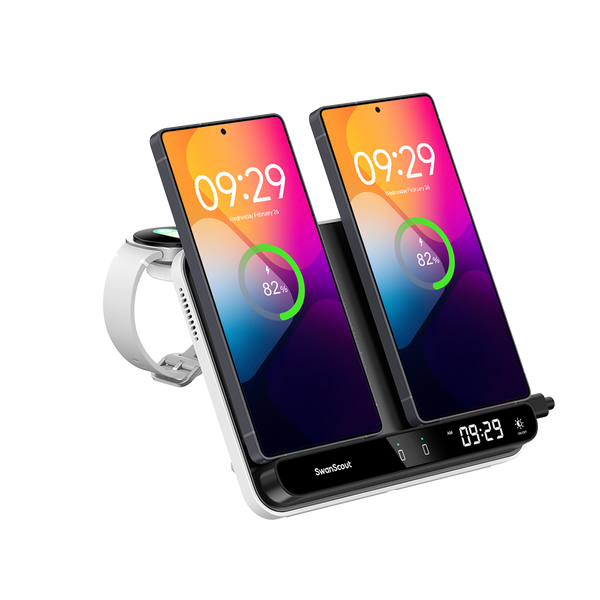 SwanScout 710S dual phone and single watch wireless charging station for Samsung, featuring multiple charging pads on a sleek design.