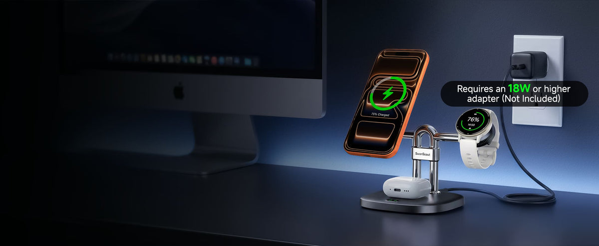 SwanScout 712GM 3-in-1 magnetic stand charging iPhone Garmin watch and AirPods on desk