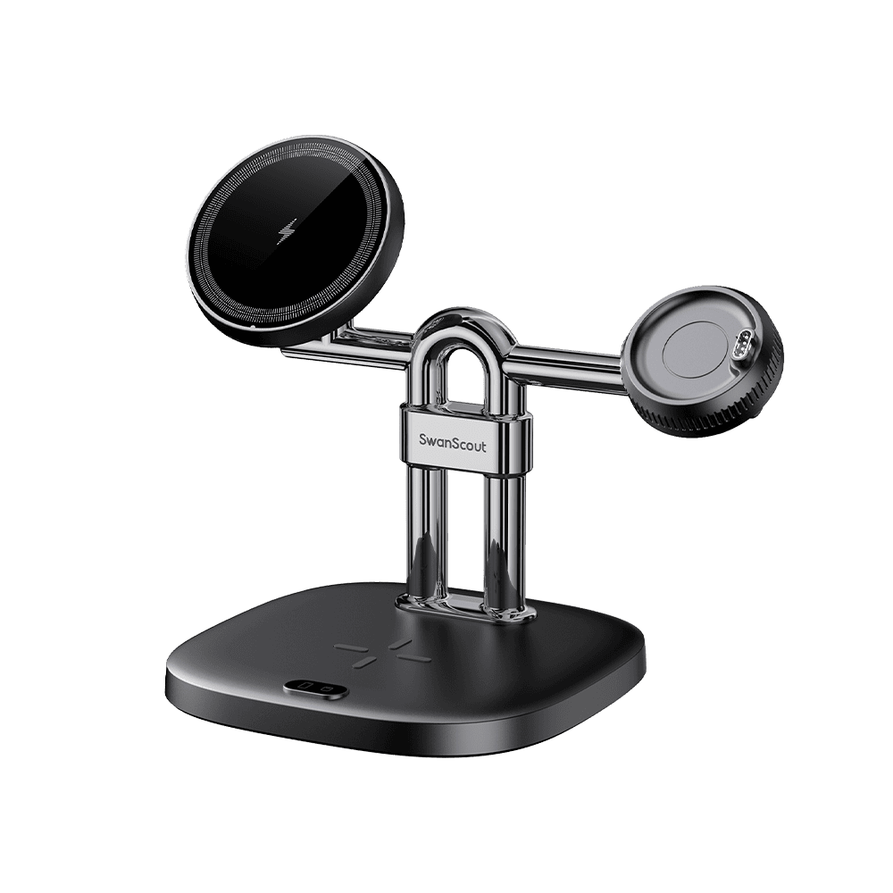 Front view of SwanScout 712GM magnetic charging stand with phone pad and Garmin watch charger