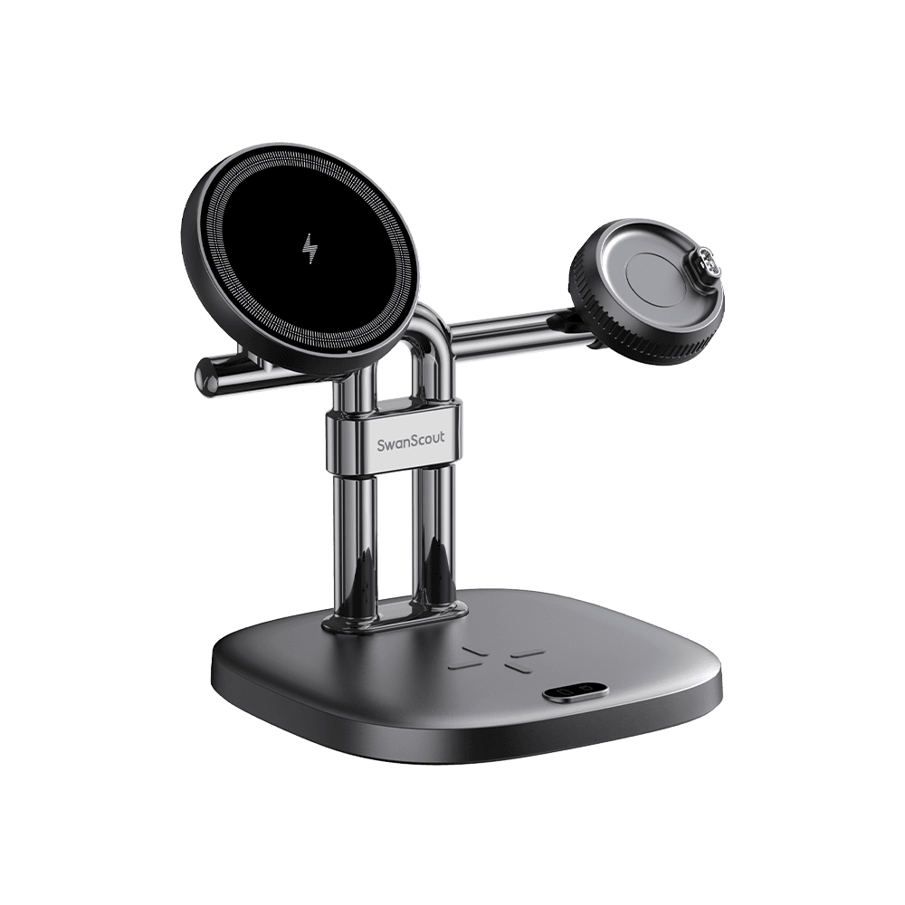 Angled view of SwanScout 712GM 3-in-1 stand showing magnetic phone and watch charging arms