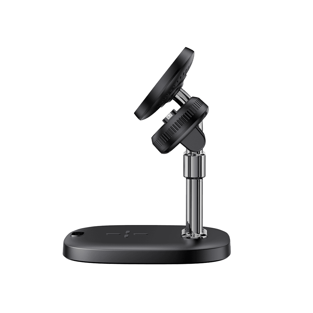 Profile view of SwanScout 712GM magnetic charging stand with raised phone and watch pads