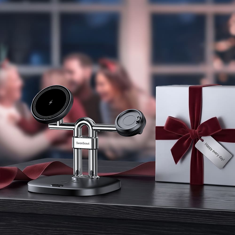 SwanScout 712GM 3-in-1 magnetic charging stand presented as a gift