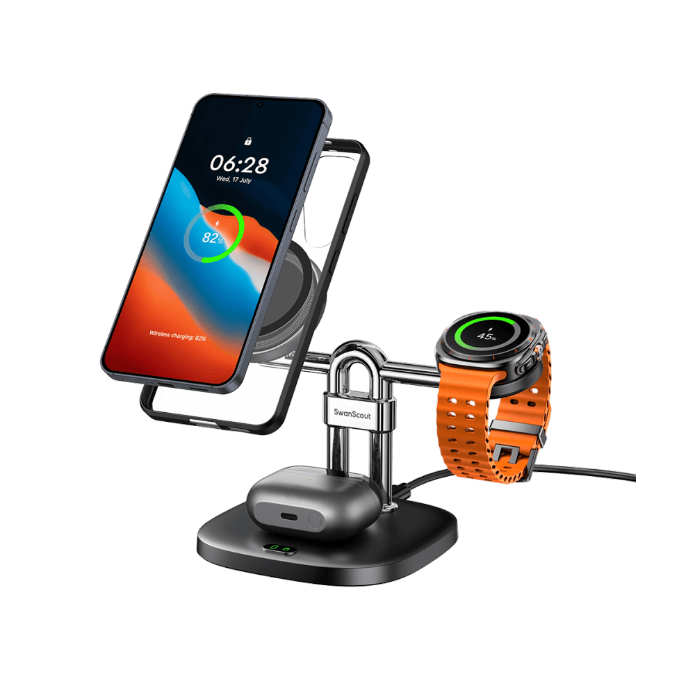SwanScout 712SM magnetic charging station powering a Samsung Galaxy S25 Ultra, Galaxy Watch 8, and Buds3 Pro simultaneously