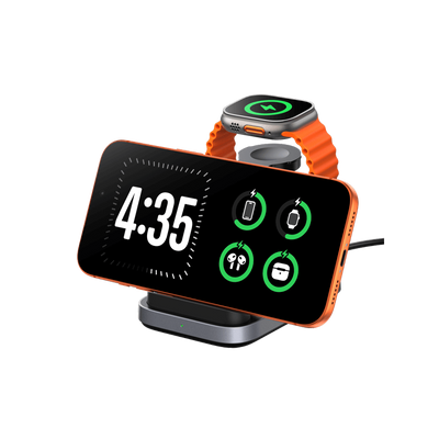 SwanScout 713A foldable 3-in-1 wireless charger for Apple devices, including iPhone 17, in landscape orientation