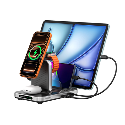 SwanScout 901M 5-in-1 magnetic charging station with 60W output, simultaneously powering iPhone 17, Apple Watch 10, AirPods, and an iPad