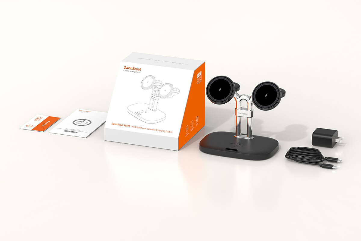 SwanScout 902M wireless charger package contents including charger cable and manual and so on