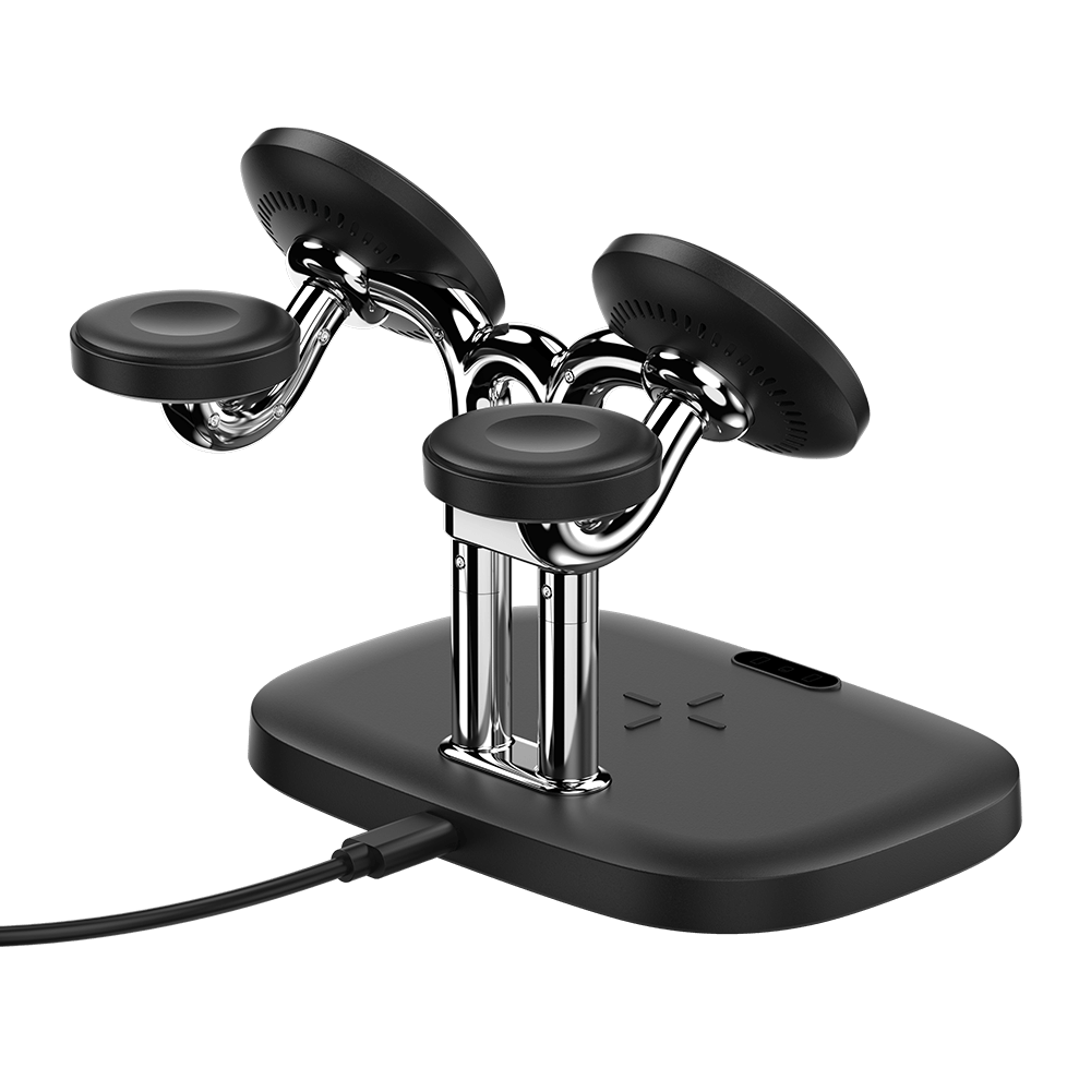 SwanScout 902M 5-in-1 wireless charging station with dual fast chargers for Apple Watch, iPhone, and AirPods.