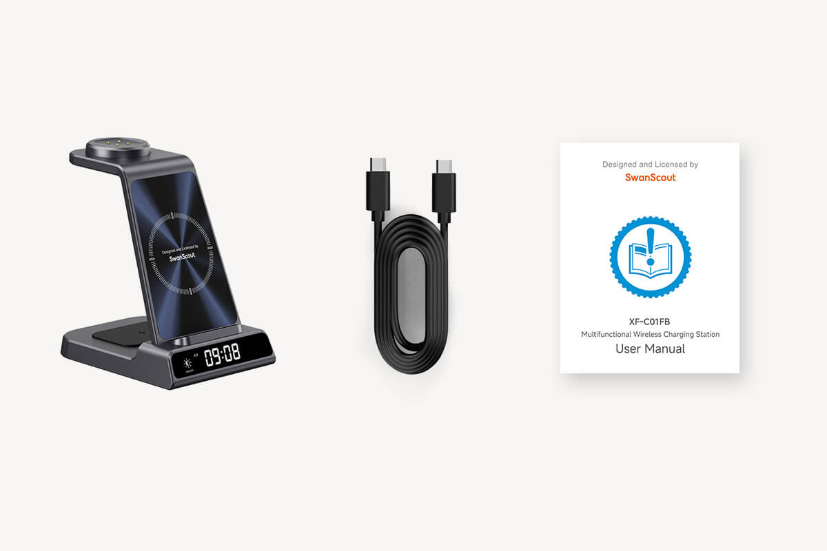 SwanScout C01FB 3-in-1 wireless charger package contents including usb c cable and user manual