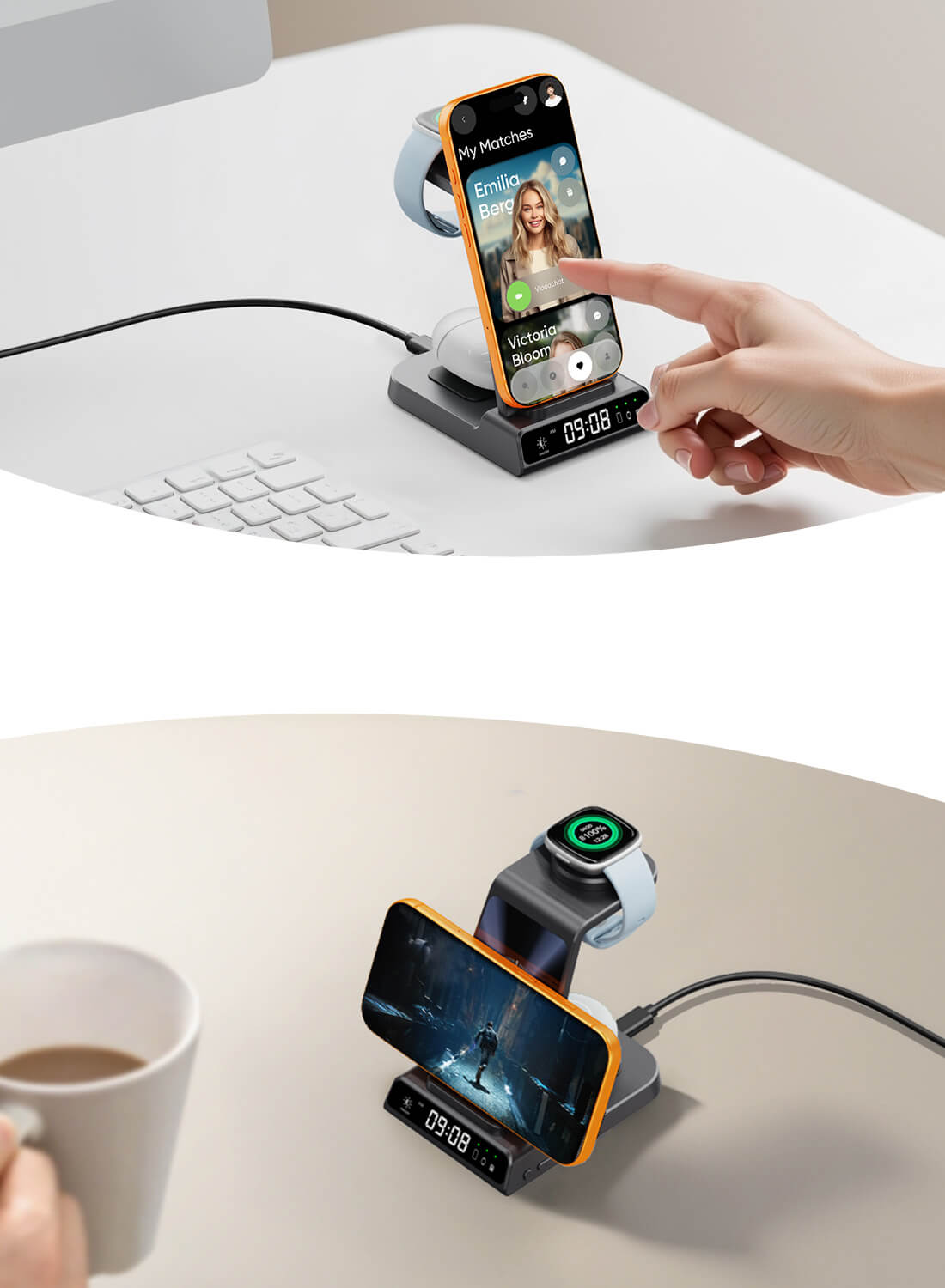 SwanScout C01FB 3-in-1 charger dual-coil design supporting horizontal and vertical phone charging