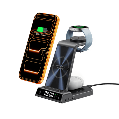 SwanScout C01FB 3-in-1 wireless charger stand for Fitbit watch, showing sleek black design with charging ports and watch placement area.