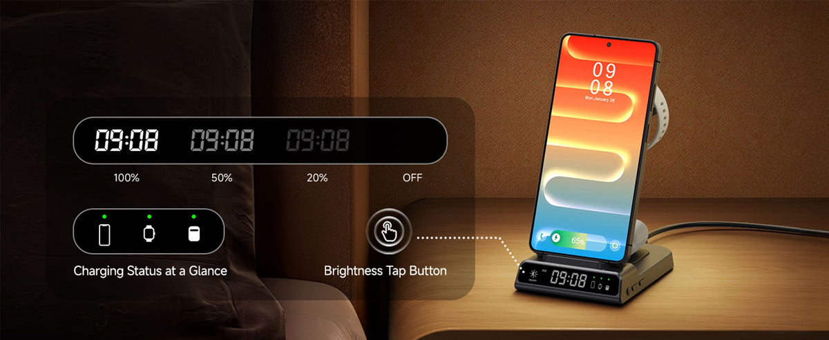Garmin watch charger with LED clock and adjustable brightness on a nightstand SwanScout C01GM