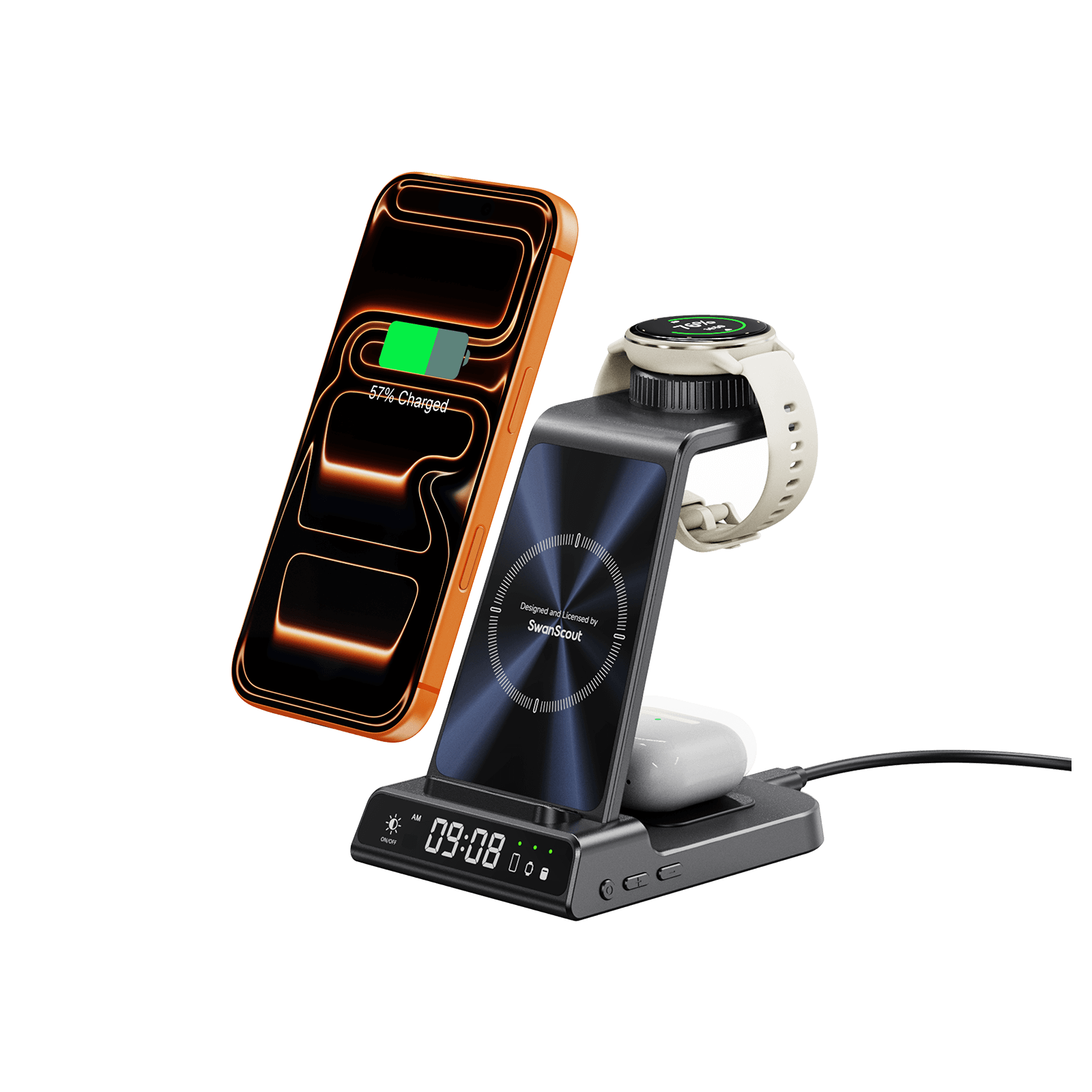 SwanScout C01GM 3-in-1 wireless charging station for Garmin Forerunner watches including Forerunner 965 and S25 Ultra.
