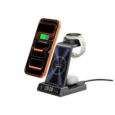 SwanScout C01GM 3-in-1 wireless charging station for Garmin Forerunner watches including Forerunner 965 and S25 Ultra.