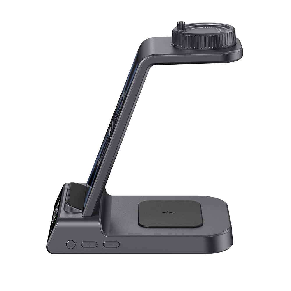 SwanScout C01GM 3-in-1 wireless charging station for Garmin watch, iPhone, and Samsung devices, space-saving design.