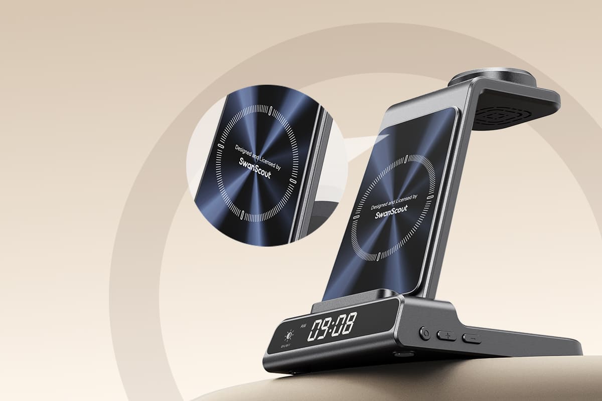 Wireless charging station with optical textured panel using UV transfer technology for premium look durability and Huawei Watch charging SwanScout C01HW