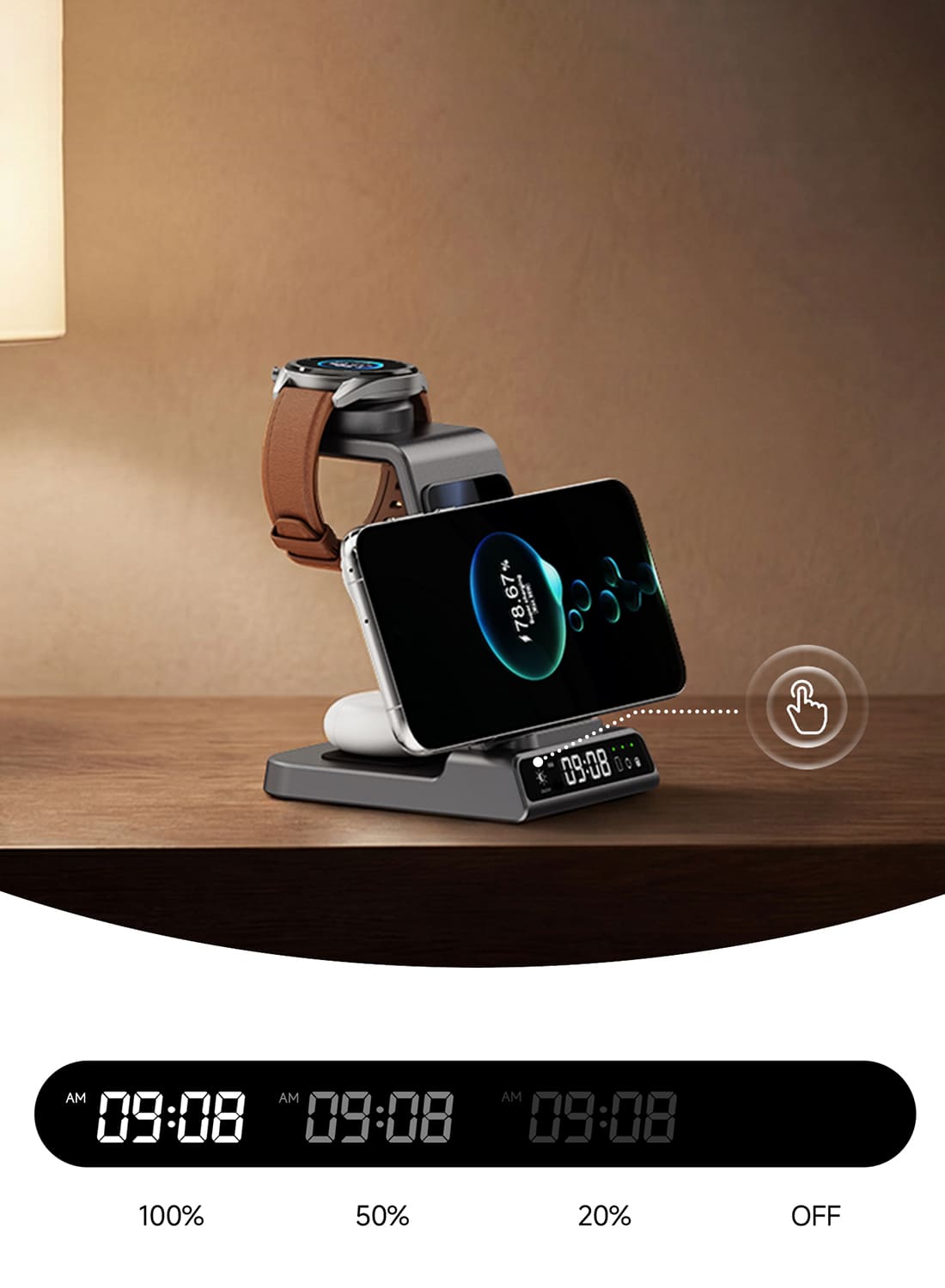 Wireless charger with digital alarm clock and adjustable brightness provides bedside charging for Huawei Watch smartphone and earbuds SwanScout C01HW