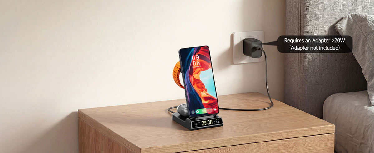 Adapter requirement note for SwanScout C01S charging stand on nightstand