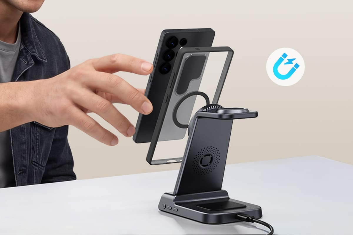 Strong magnetic wireless charging station for Samsung Galaxy phones with precise alignment snap on and instant charging response SwanScout C01SM stable charging dock