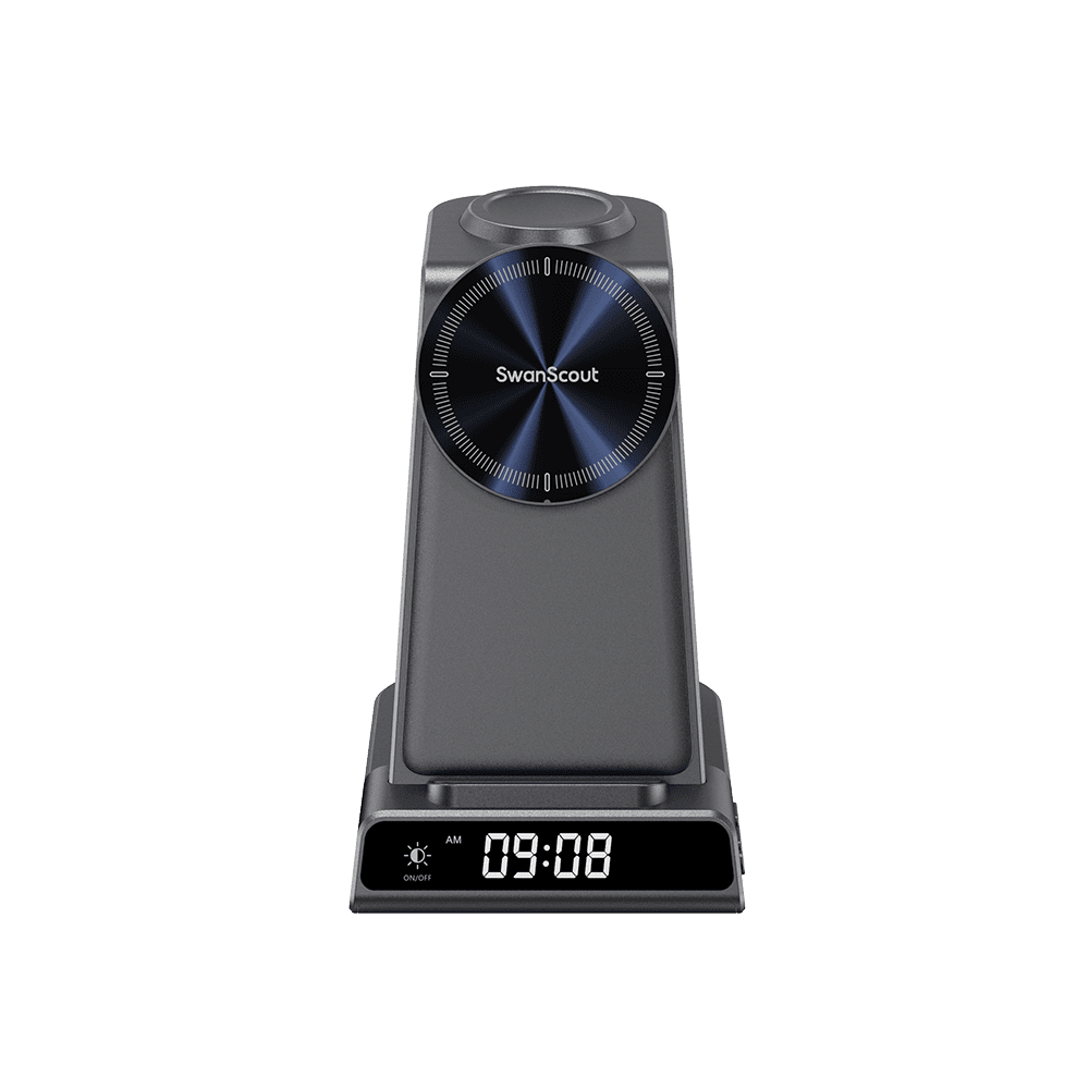 3 in 1 Samsung wireless charger with sleep friendly clock 4 brightness levels and foldable design front view SwanScout C01SM