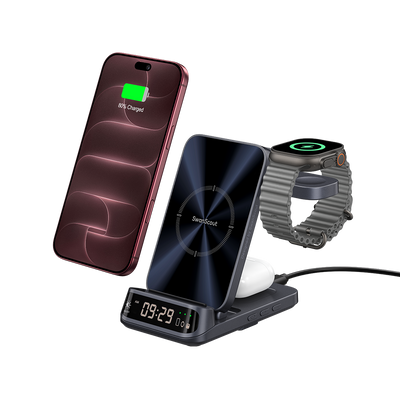 Charging two iPhone 18 Pro phones earbuds and watch on iPhone wireless charger with SwanScout S10025A