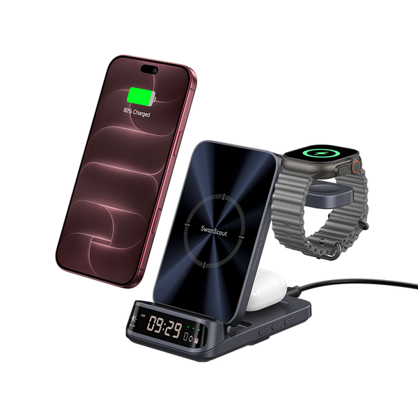 Charging two iPhone 18 Pro phones earbuds and watch on iPhone wireless charger with SwanScout S10025A