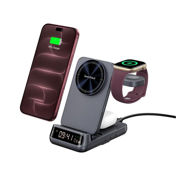 25W wireless charging station powering iPhone 18 Pro earbuds and watch with SwanScout S10025M
