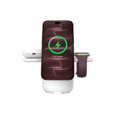 Wireless charger powering iPhone 18 Pro earbuds and watch with SwanScout S10026M