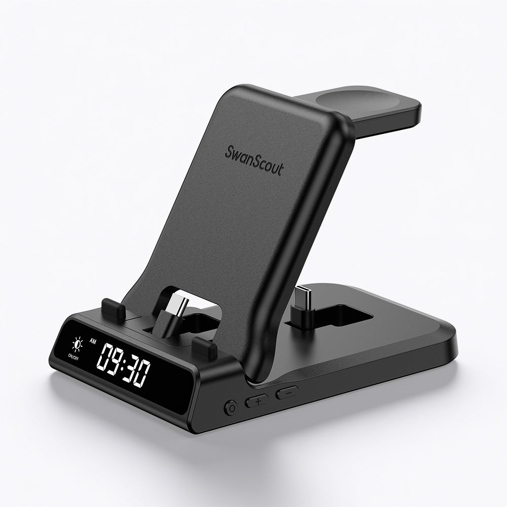 wireless charging station for Apple devices SwanScout 701AC 3-in-1 charger with wired connectors